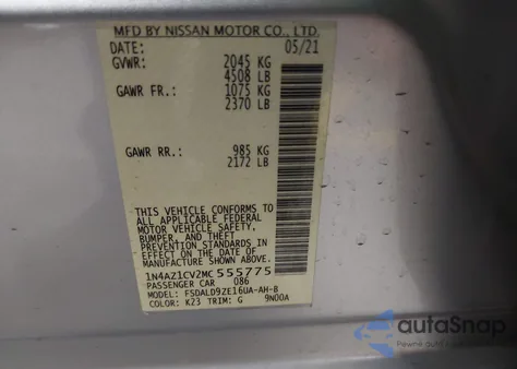 2021 Nissan Leaf Sv 40 Kwh из США, поврежденный, VIN 1N4AZ1CV2MC555775